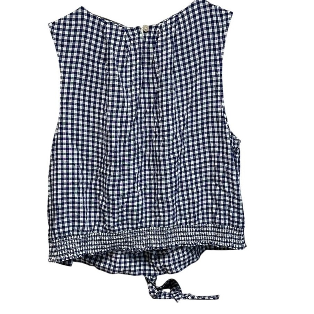 LOFT Gingham Cropped Blouse Tie Front Blue White Plaid Western Festival Sz L - Picture 2 of 8